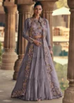 Mauve Georgette Multi-Thread Embroidered Bustier-Skirt with Cape 3-Piece Set