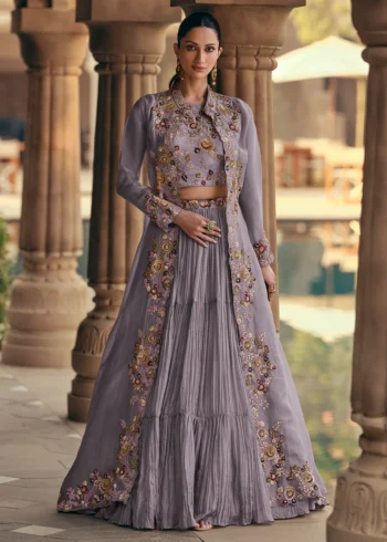 Mauve Georgette Multi-Thread Embroidered Bustier-Skirt with Cape 3-Piece Set