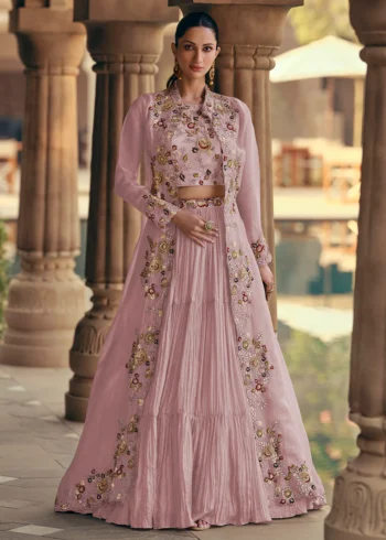 Pink Georgette Multi-Thread Embroidered Bustier-Skirt with Cape 3-Piece Set