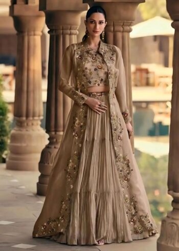 Golden Georgette Multi-Thread Embroidered Bustier-Skirt with Cape 3-Piece Set.