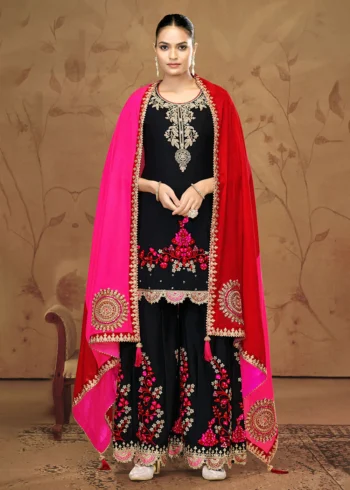 Black Premium Chinnon Fiber With Applique Style Thread And Mirror Work Palazzo Style Suit.