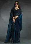 Gleaming Blue color Two Tone Satin Silk Designer Partywear Saree With Cutdana Work