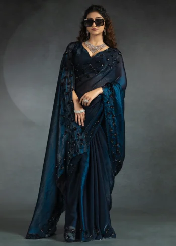 Gleaming Blue color Two Tone Satin Silk Designer Partywear Saree With Cutdana Work