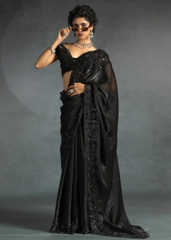Gleaming Black color Two Tone Satin Silk Designer Partywear Saree With Cutdana Work