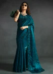 Gleaming Teal color Two Tone Satin Silk Designer Partywear Saree With Cutdana Work