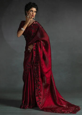 Gleaming Red color Two Tone Satin Silk Designer Partywear Saree With Cutdana Work