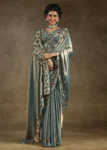 Teal Blue Color Two Tone Silk Zarkan Work Embroidered Designer Party Wear Saree