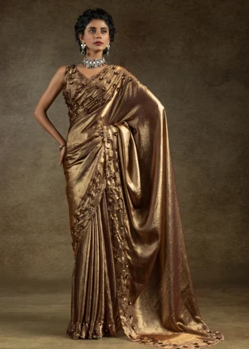 Brown Color Two Tone Silk Zarkan Work Embroidered Designer Party Wear Saree