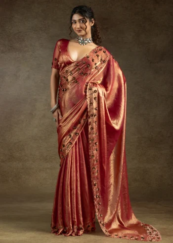 Red Two Tone Silk Zarkan Work Embroidered Designer Party Wear Saree