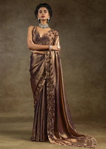 Golden Color Two Tone Silk Zarkan Work Embroidered Designer Party Wear Saree