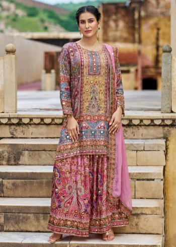 Pink Embellished Heavy Chinnon Palazzo Style Suit
