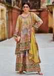 Mustard Embellished Heavy Chinnon Palazzo Style Suit