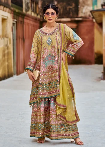 Mustard Embellished Heavy Chinnon Palazzo Style Suit