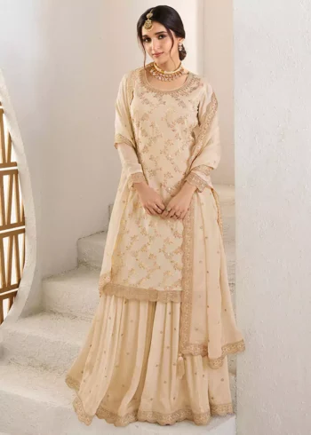 Cream Chinon Floral Jacquard Jaal work Sharara Suit Set.
