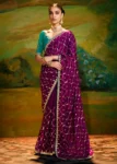 Magenta Purple Heavy Embroidered Fancy Fabric Designer Saree With contrast Blouse.