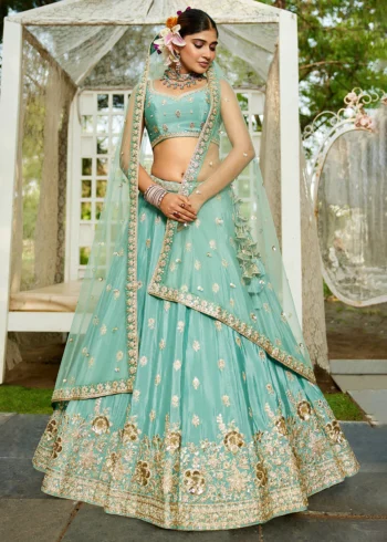 Seagreen Chiffon Fabric Sequinse embroidery Semi-Stitched Lehenga choli.