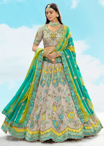 Ash Grey Fancy Silk Fibre Heavy Embroidered Bridal Lehenga Choli Set.