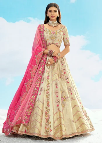 Beige Fancy Silk Fibre Heavy Embroidered Bridal Lehenga Choli Set.