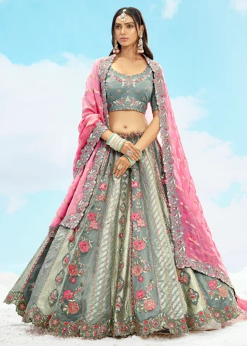 Grey Fancy Silk Fibre Heavy Embroidered Bridal Lehenga Choli Set.