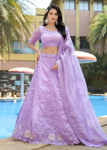 Lavender Pure Organza Fabric Heavy embroidery Work Semi-Stitched Lehenga choli.