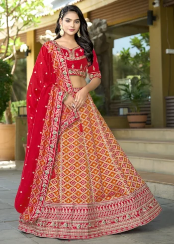 Red Pure Viscose Silk Semi-Stitched Lehenga Choli Set with Gota Work.