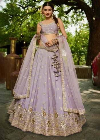 Mauve Chiffon Fabric Sequinse embroidery Semi-Stitched Lehenga choli.