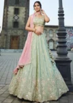 Limegreen Satin Silk Sequinse embroidered Wedding Semi-Stitched Lehenga choli.