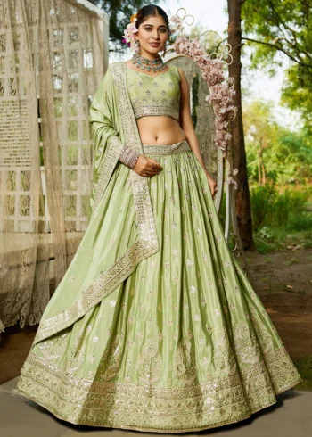 Limegreen Chiffon Fabric Sequinse embroidery Semi-Stitched Lehenga choli.