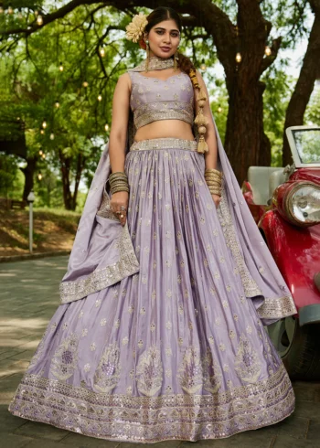 Mauve Chiffon Fabric Sequinse embroidery Semi-Stitched Lehenga choli.