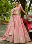 Pink Chiffon Fabric Sequinse embroidery Semi-Stitched Lehenga choli.