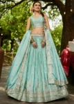 Seagreen Chiffon Fabric Sequinse embroidery Semi-Stitched Lehenga choli.