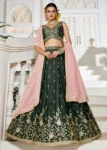 Olive Green Chiffon Fabric Sequinse embroidery Semi-Stitched Lehenga choli.