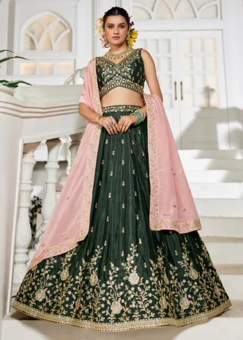 Olive Green Chiffon Fabric Sequinse embroidery Semi-Stitched Lehenga choli.