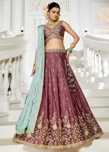 Rosegold Chiffon Fabric Sequinse embroidery Semi-Stitched Lehenga choli.