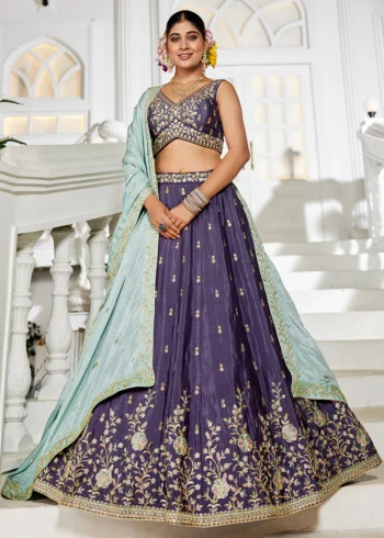 Violet Chiffon Fabric Sequinse embroidery Semi-Stitched Lehenga choli.