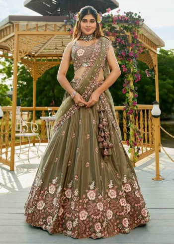 Olive Green Satin Fabric Sequinse embroidery Semi-Stitched Lehenga choli.