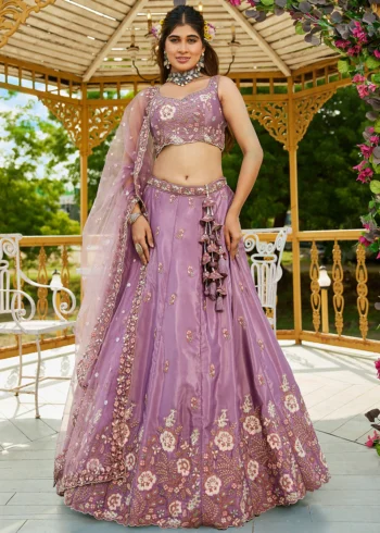 Rosegold Satin Fabric Sequinse embroidery Semi-Stitched Lehenga choli.