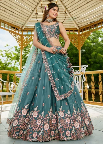 Teal Green Satin Fabric Sequinse embroidery Semi-Stitched Lehenga choli.