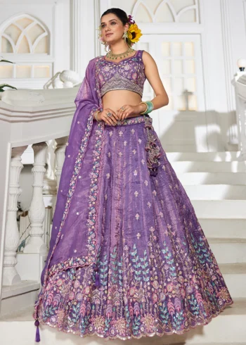 Purple Tissue Fabric Sequinse embroidery Semi-Stitched Lehenga choli.
