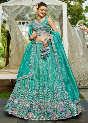 Sea Green Tissue Fabric Sequinse embroidery Semi-Stitched Lehenga choli.