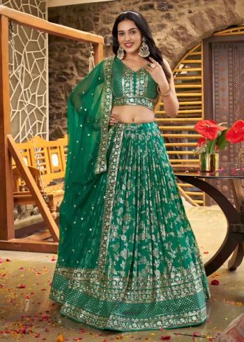 Rama Green Zari Embroidery Dola Silk Festive Party Lehenga Choli